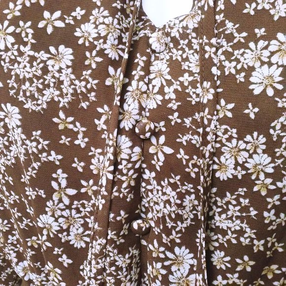 Vintage 90s Flower&Feather Prairie Dress -L Floral Tiered Ruffles Keyhole Brown - Picture 7 of 11